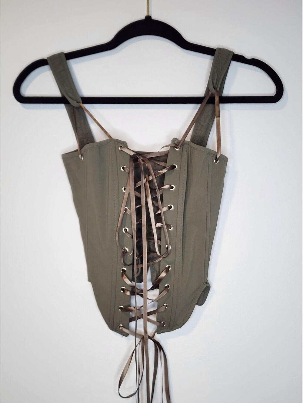 Olive Green Lace-Up Corset Top with Wide Straps - Size S